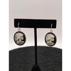 Skeleton Skull Lady Lolita White On Black Earrings Halloween